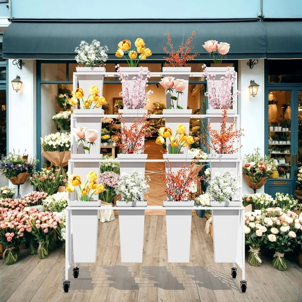 Carrello per piante mobile a 4 livelli per impieghi gravosi con 16 secchi per esposizioni floreali e facile trasporto con ruote