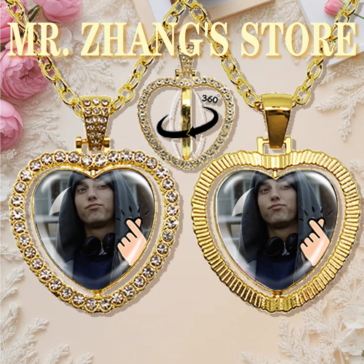 Eminem Slim Shady Photo 25mm Heart Glass Cabochon 360-Degree Rotation Necklace Hip Hop Gold Heart Frame Pendant Gift JD057