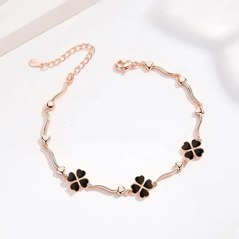 

Top Quality 925 Sterling Silver Bracelet For Women Jewelry Trendy Black Clover Flower Bracelet Lady Rose Gold Hand Accessories