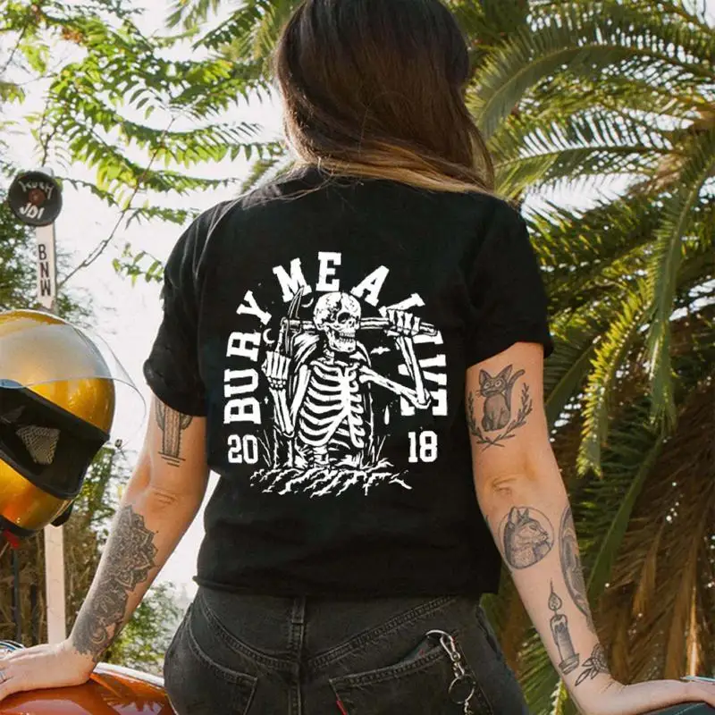 

Gothic Skeleton Skull Print T-shirt Bury Me Alive Vintage Rock Hip Hop Streetwear Men Women