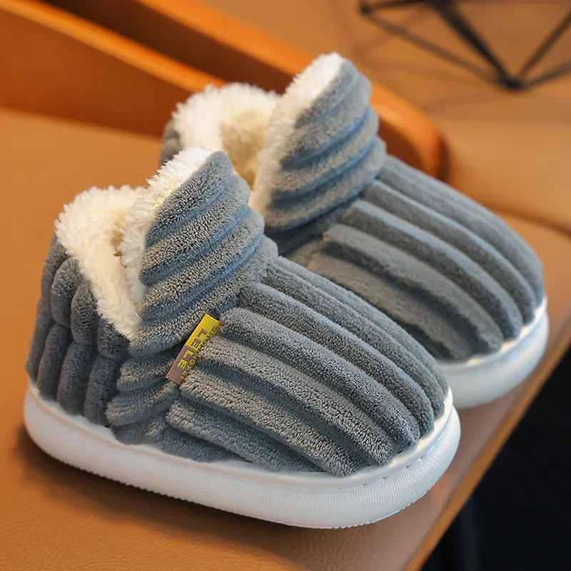 Nieuwe Winter Beknopte Streep Pluche Slippers Kinderen Antislip Zachte Zool Kinderen Jongens Meisjes Hak Wrap Warme Hoge Thuis katoenen Schoenen