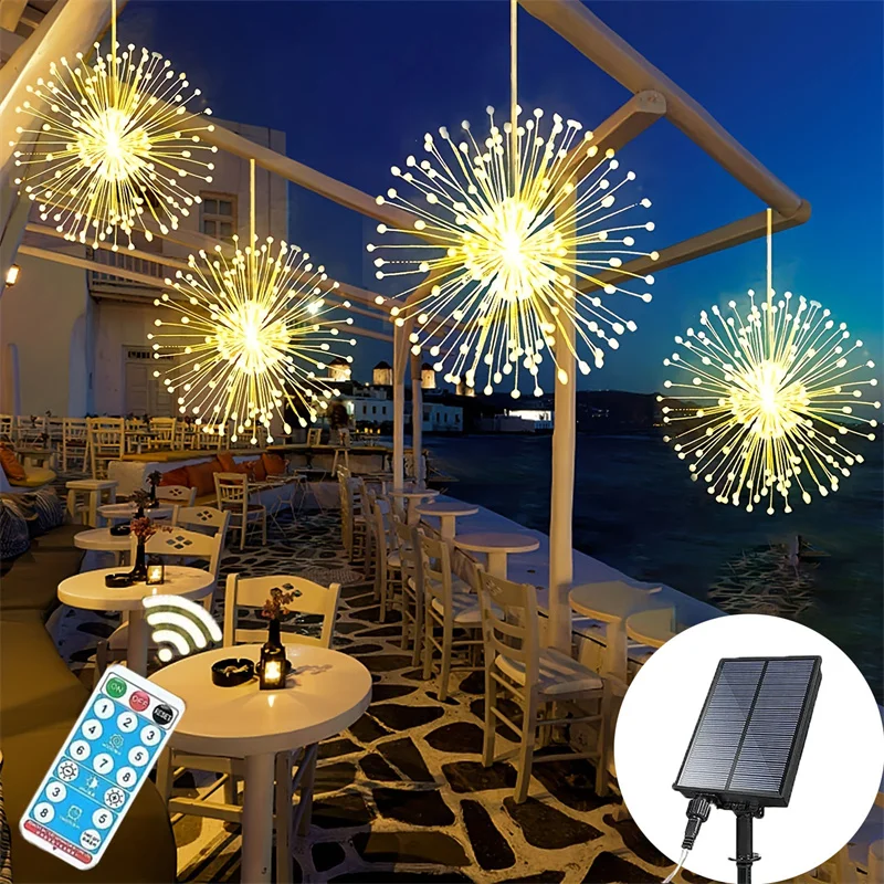 Solar Firework LED Star Burst Light, Controle Remoto, Fairy Lights para Pátio, Eave, Jardim, Luzes de Natal, 8 Modos, 360, 480