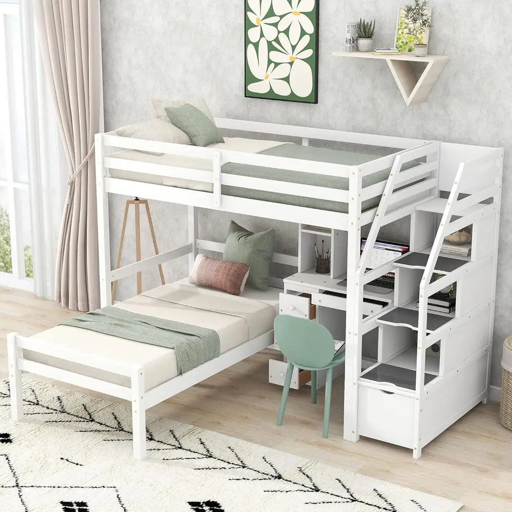 

Twin Size Loft Bed with Storage Staircase, Desk, and Shelves for Boys and Girls in White