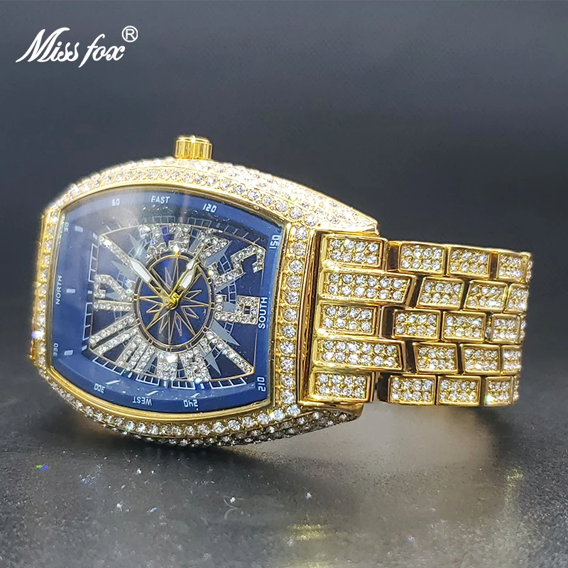 Gold Watch For Men Big Wrist Ice Drop Sparkly Tonneau Style Hip Hop Male Quartz Watches Waterproof Hand Clock Luxury Gift 2023