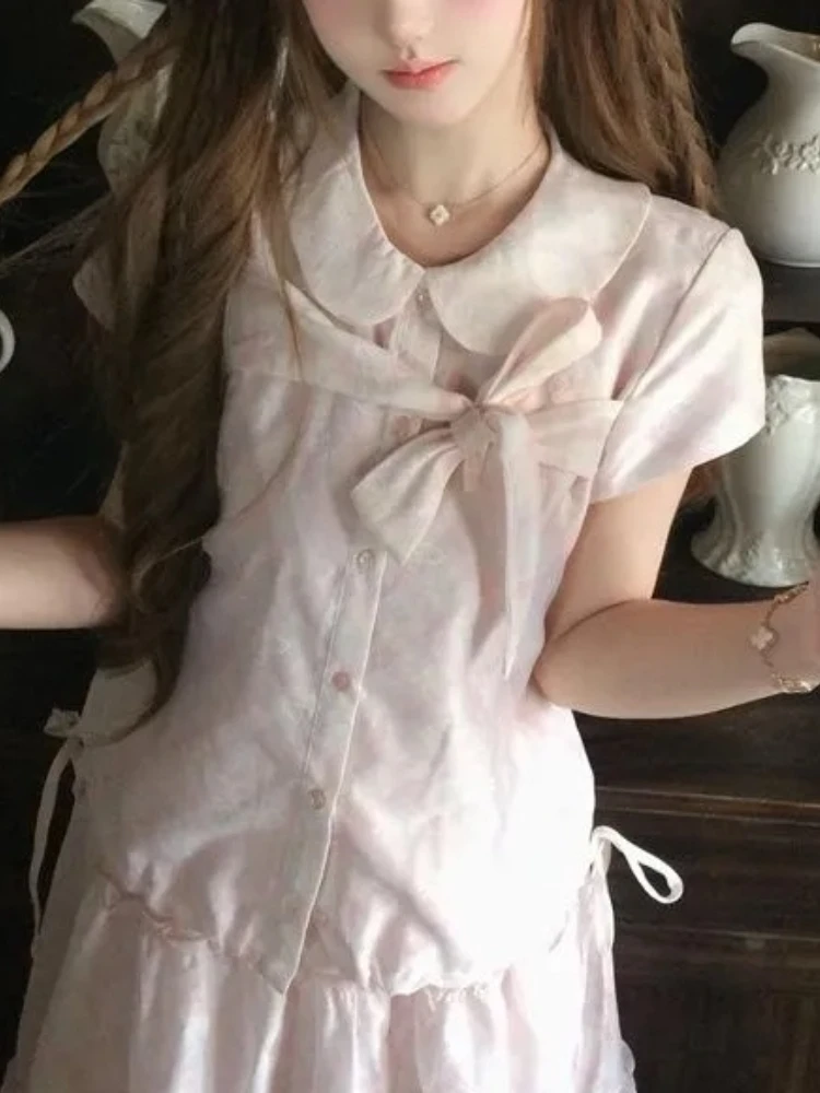 Japanese Vintage Sweet Bow Peter Pan Collar Top + Ruffle Midi Skirt Women's 2 Piece Set Pink Summer Casual Fashion Chic Clothes view 3