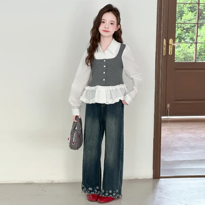 

Детские комплекты из двух предметов для девочек, осенний топ с отложным воротником в стиле пэчворк для девочек-подростков, джинсовые брюки с цветочной вышивкой для девочек-подростков