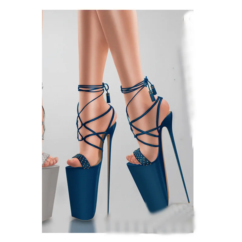 Blue Rivet Lace Up Platform Sandals Thin High Heel Hollow Fashionable Sexy Cool Western Summer Woman Shoes Zapatillas Mujer