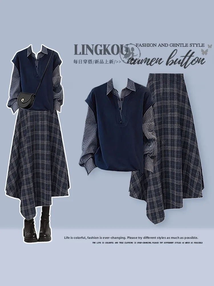 

Ele plus Size Spring Autumn Korean Sle Two-Piece Set Women's Faion Vintage f Skirt Design Sense irt Skirt Set