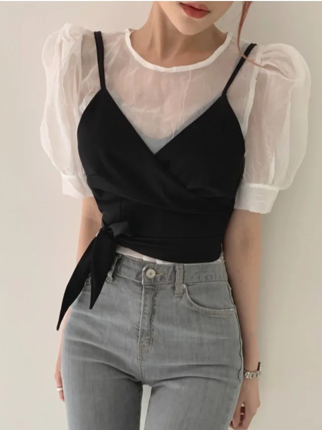 

Chic V-ne Cross Tie Adjustable Strap Vest Women's Faionable Drifting Long Ele Single Piece ort Pure Color