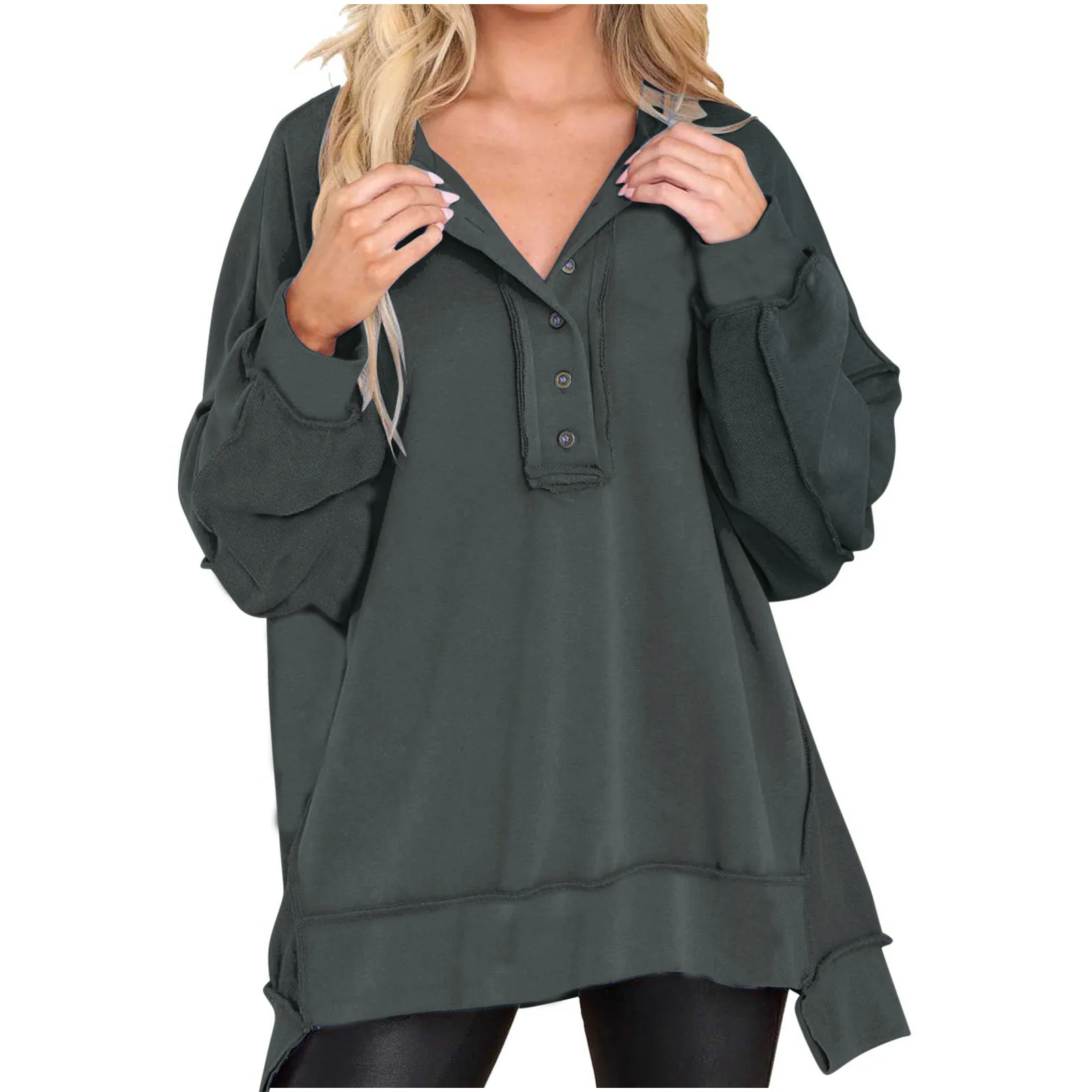 

abbigliamento donna autumn 2025 women new V-neck button Polo loose long-sleeved solid color versatile pullover top fall clothes