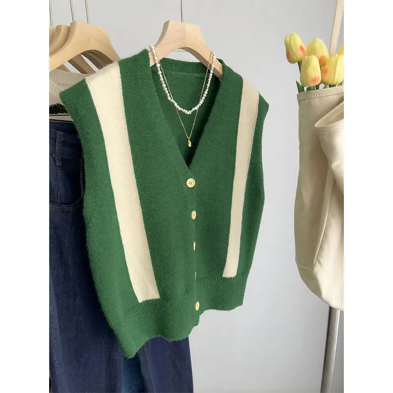 

Контрастный вязаный жилет, кардиган, женский осень 2023, новый свободный многослойный свитер без рукавов на плечах, жилет