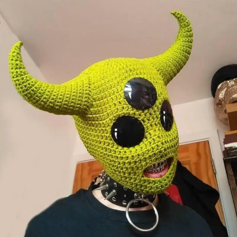 4Styles Creatives Scary Large Horn Hat for Women Men Winter Knitted Caps Halloween Cosplay Props Party Headgear for Adults Teens