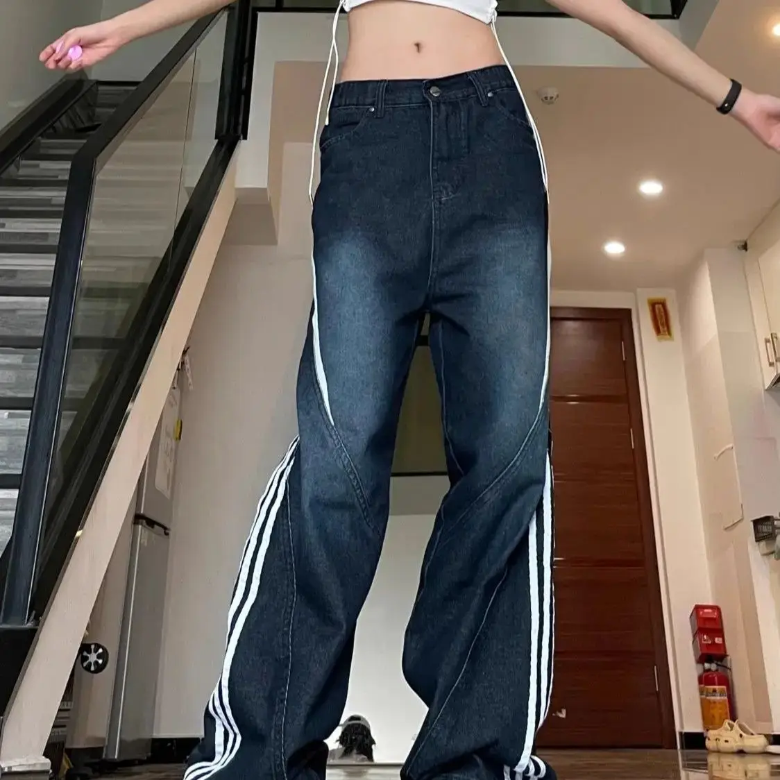 

Striped Sport Jeans Loose-Fit Straight-Leg Pants Trendy Wide-Leg Hong Kong Style Spring Autumn Season Casual Wide Leg Pants