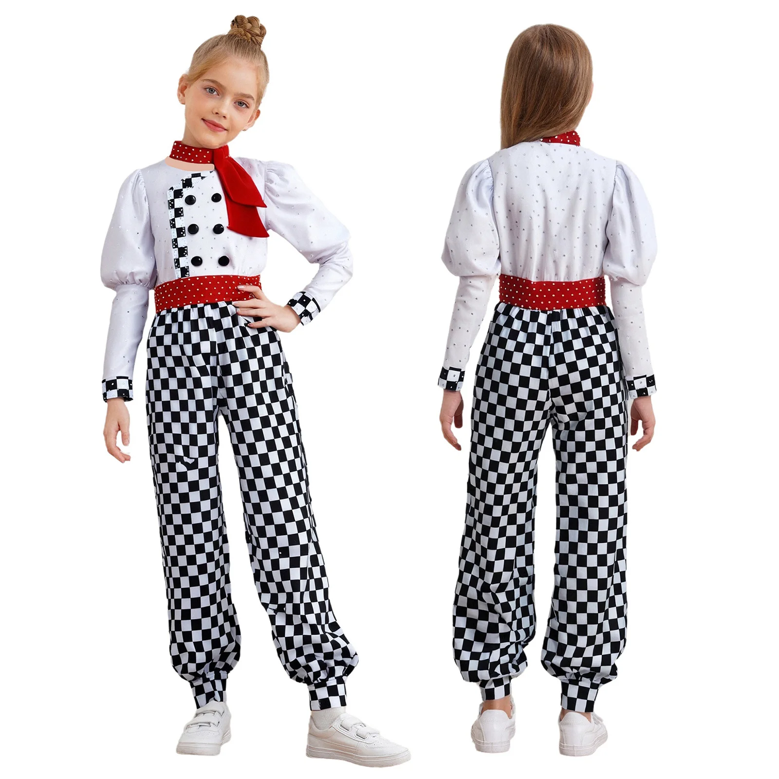 

Boys Girls Chef Costume Waiter Uniform Rhinestones Plaid Long Sleeve Kitchen Shirt Top with Neck Wear Pants Cosplay Chef Outfit
