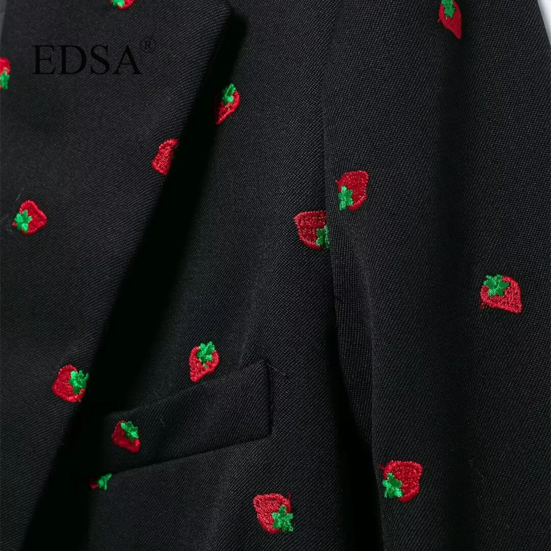 EDSA Women Wool Blended Strawberry Printed Skirts Set 2 Pcs Black Blazer Jacket High Waist Striaght Mini Skirts for Office Lady