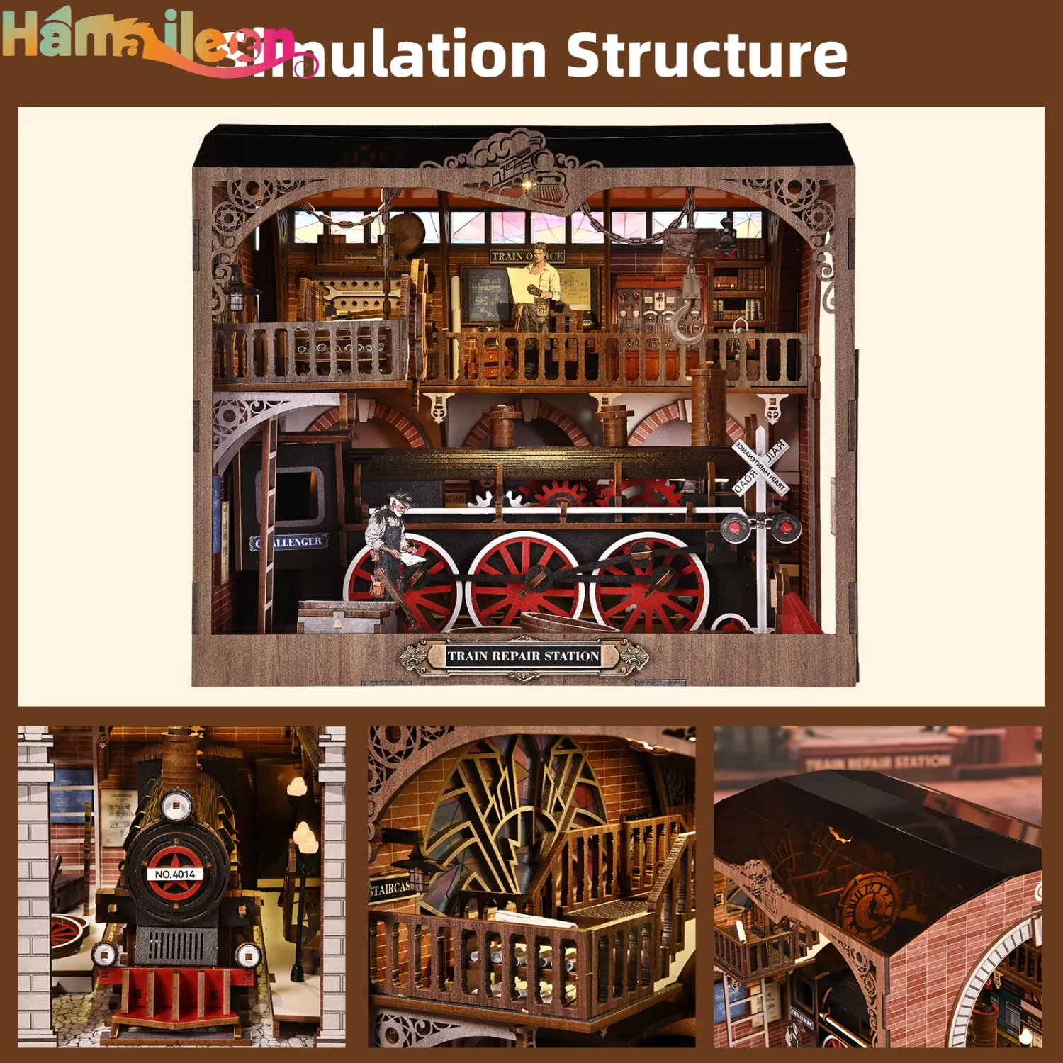 Hamaileon DIY Puzzle Wood Toy House Bookshelf Ornaments Collectibles Book Nook Gifts for Adults and Teens(Train Repair Station )
