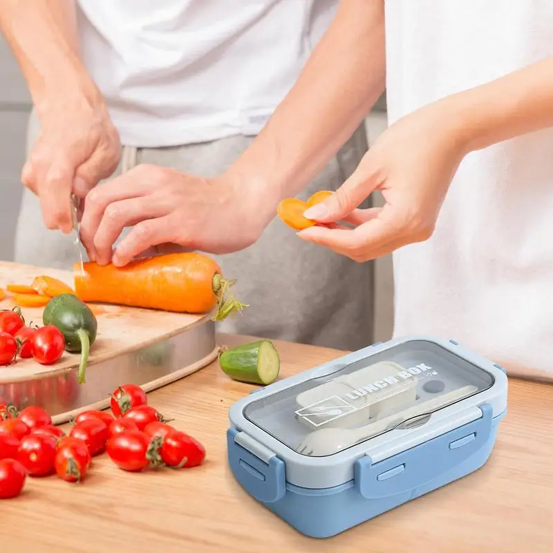 Kotak makan siang portabel, wadah makan siang terbagi dengan tutup sendok, kotak penyimpanan makanan ringan nyaman untuk kantor sekolah