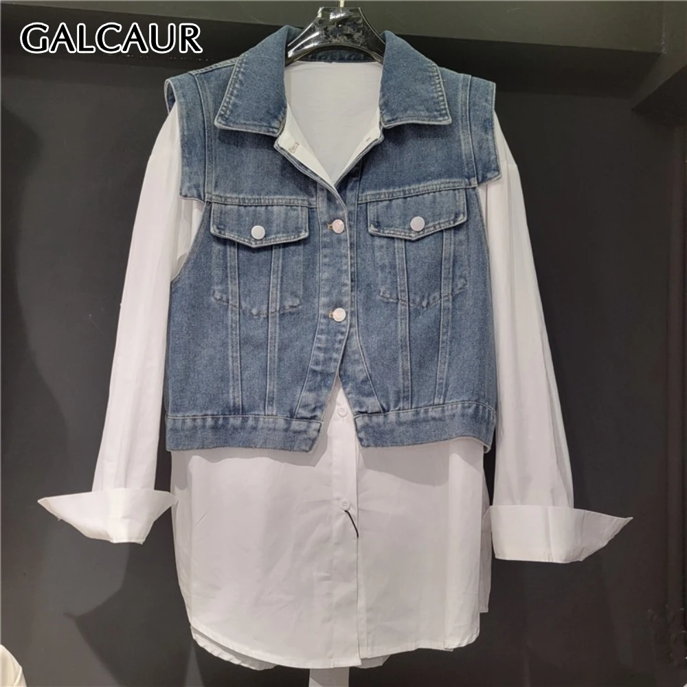 

GALCAUR Solid Spliced Pocket Two Piece Set Female Lapel Long Sleeve Shirt Loose Casual Women's Vest Sets Style Fashion Clothing