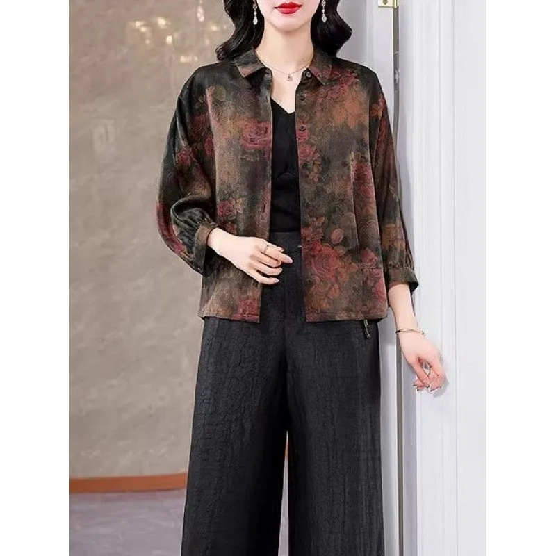 Csa de Seda Fena Nova Estilo Primavera E Estampada Solta Emaecendo Retro Top de Seda de Amora Faionable com...