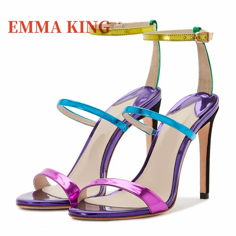 صنادل نسائية متعددة الألوان من الجلد المعدني بكعب ستيليتو مفتوحة من الأمام بحزام الكاحل أحذية رسمية لحفلات الزفاف مقاس 35-44