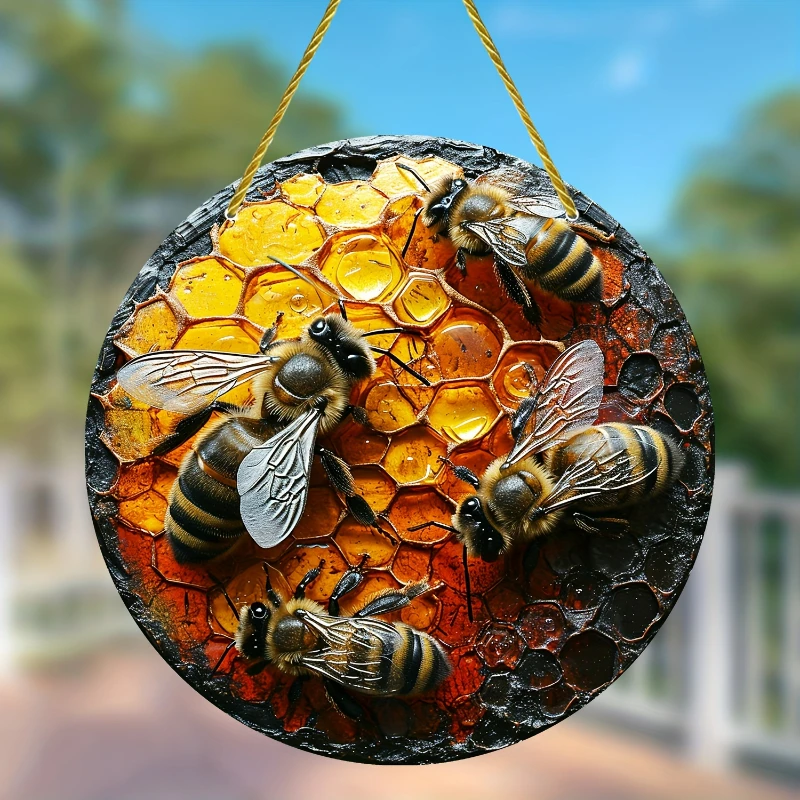 Bees in Labor Hive Stained Window Hanging Sun Catcher Sunshade Bee Sign Gift for Family Friends Acrylic Creative Round Wreath