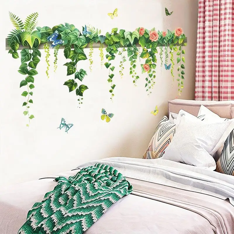 Waterproof Wall Decals Green Vine Pink Rose Butterfly Removable Self-Adhesive Stickers for Bathroom Kitchen Home Wall Decor