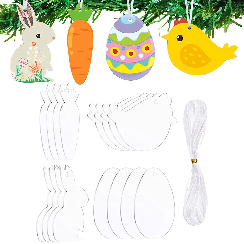 12Pcs Easter Acrylic Blank Boards for DIY Painting Pendant Crafting Easter Decor Hanging Eggs Carrots Bunnies Graffiti Drawing