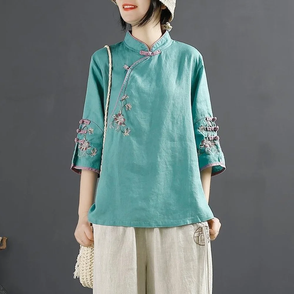 Spring Traditional Chinese Style Oriental Shirt Clothing for Female Women Half Sleeve Hanfu Loose Casual Blouse Large Size Tops