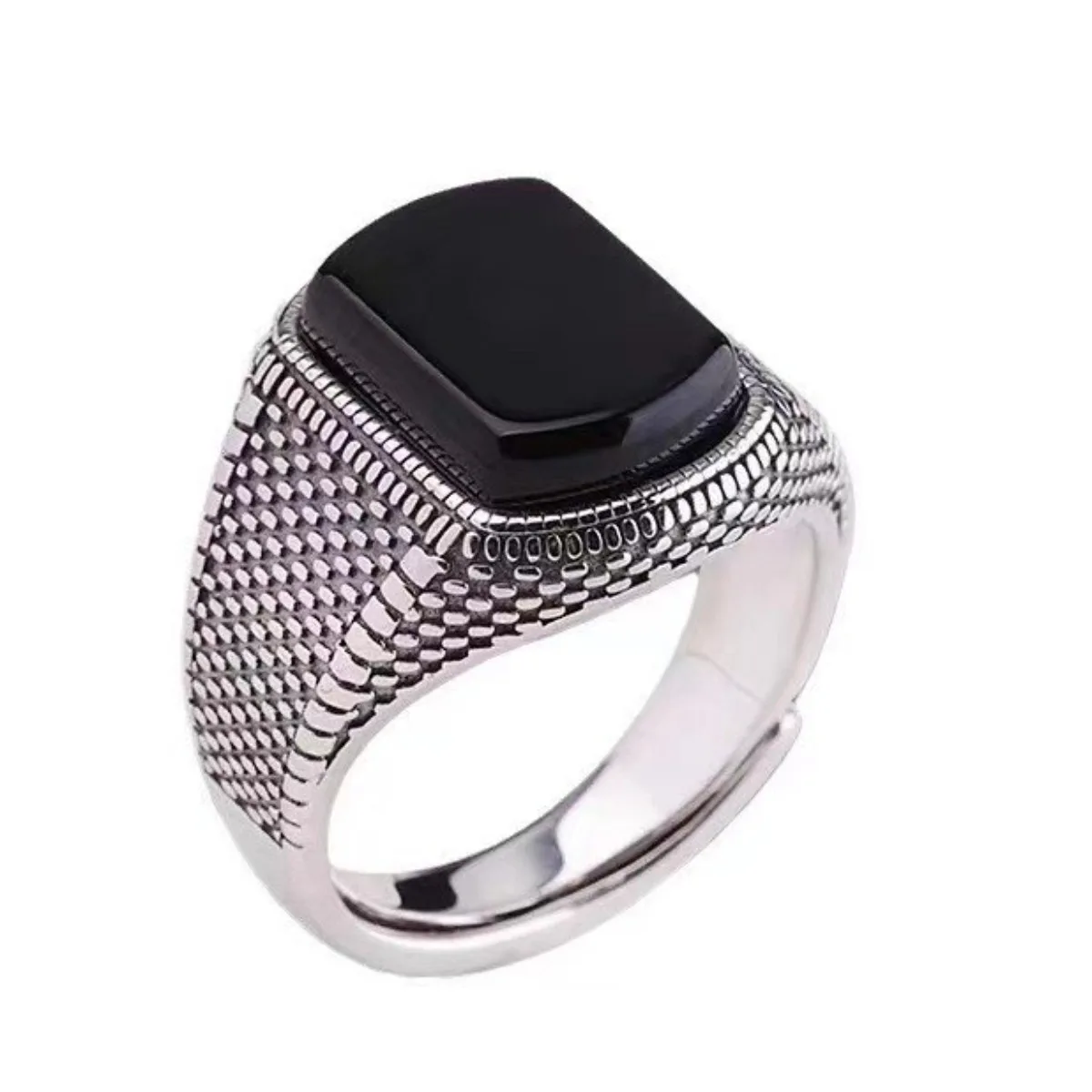 Bagues Vintage en Faux Onyx pour hommes, anneau ouvert réglable en acier inoxydable, couleur argent, bijoux à la mode