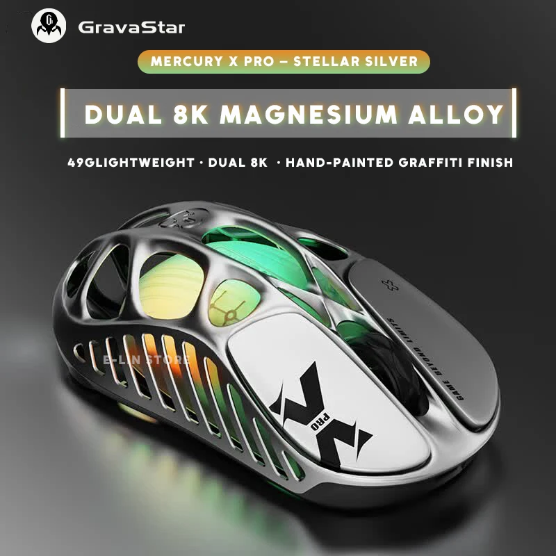 GravaStar Mercury X Pro Stellar Silver Tri-Mode Wireless Gaming Mouse,Magnesium Alloy Lightweight,Bluetooth RGB Gamer Mouse