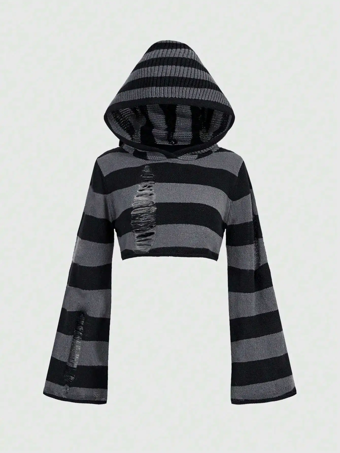 

Grunge Punk Striped Distressed Hooded Crop Sweater for Women, Streetwear Style