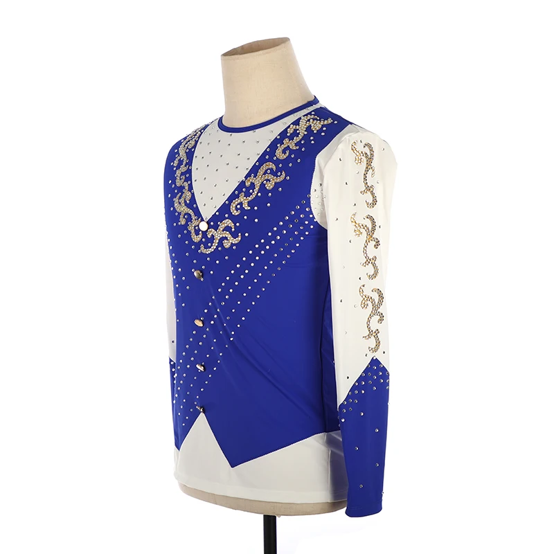 Nasinaya Boys' Rhythmic Gymnastics Men's Figure Skating Performance Costume Competition Blue Round Neck Shirt Top Golden