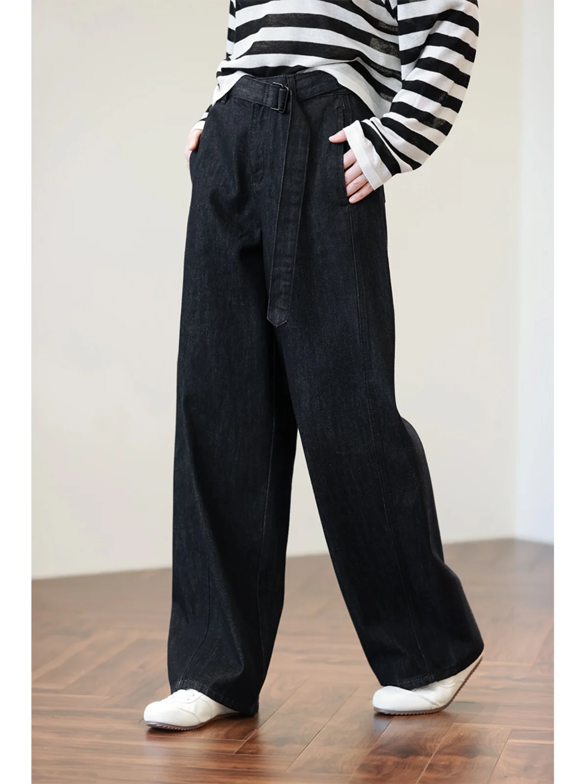 

Джинсы с высокой талией и широкими штанинами, прямого кроя, с поясом, в стиле ретро, женские, осенняя новинка, длинные брюки, объемный дизайн