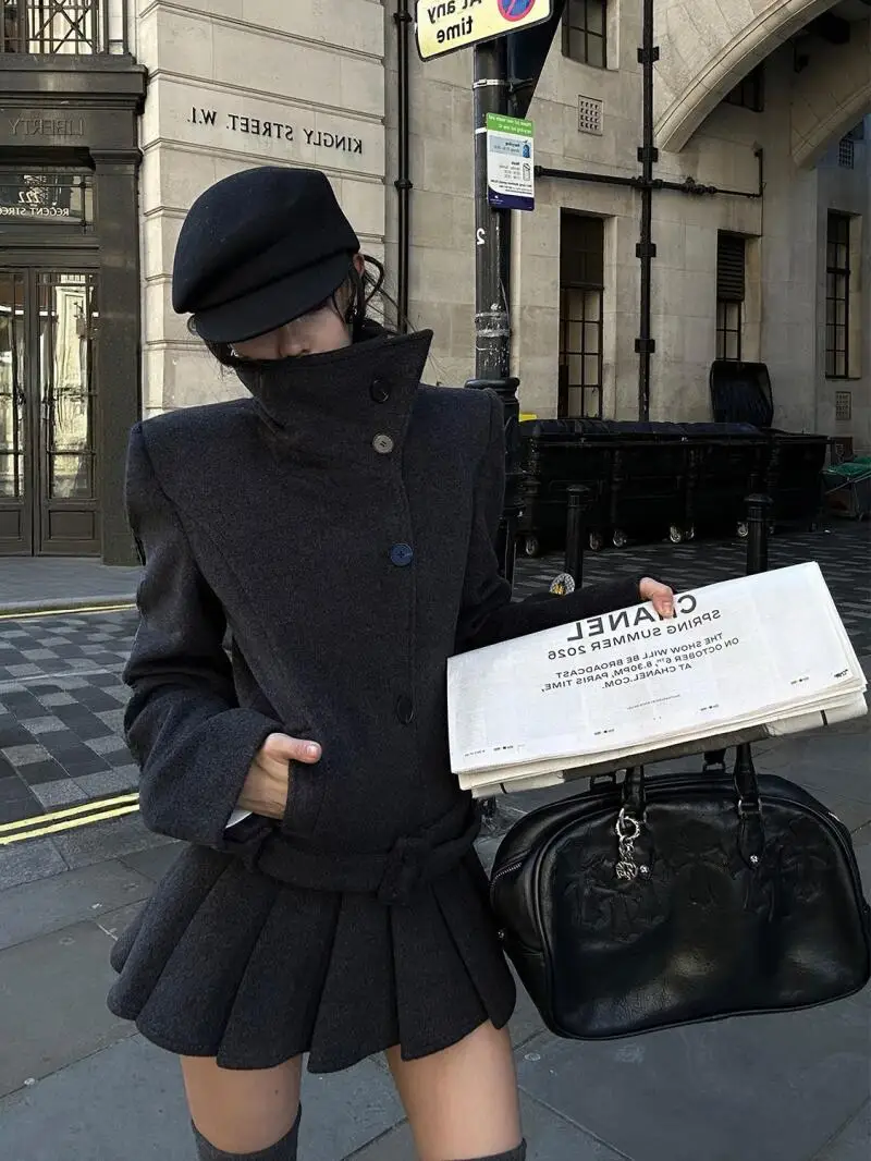 

Women's Winter Coat Outerwear Grey Stand Collar Slim Short Wool Coat Plaid Skirt Two Piece Set Winter Elegant High End Women