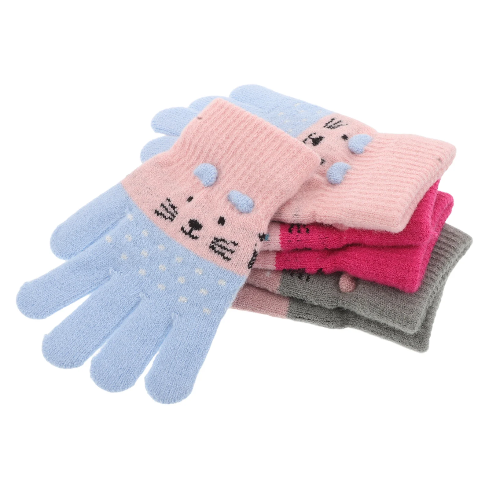

3Pairs Warm Keeping Gloves Cute Cat Design High-Density Knit for Cold Winter Mittens Full Fingers for Skiing