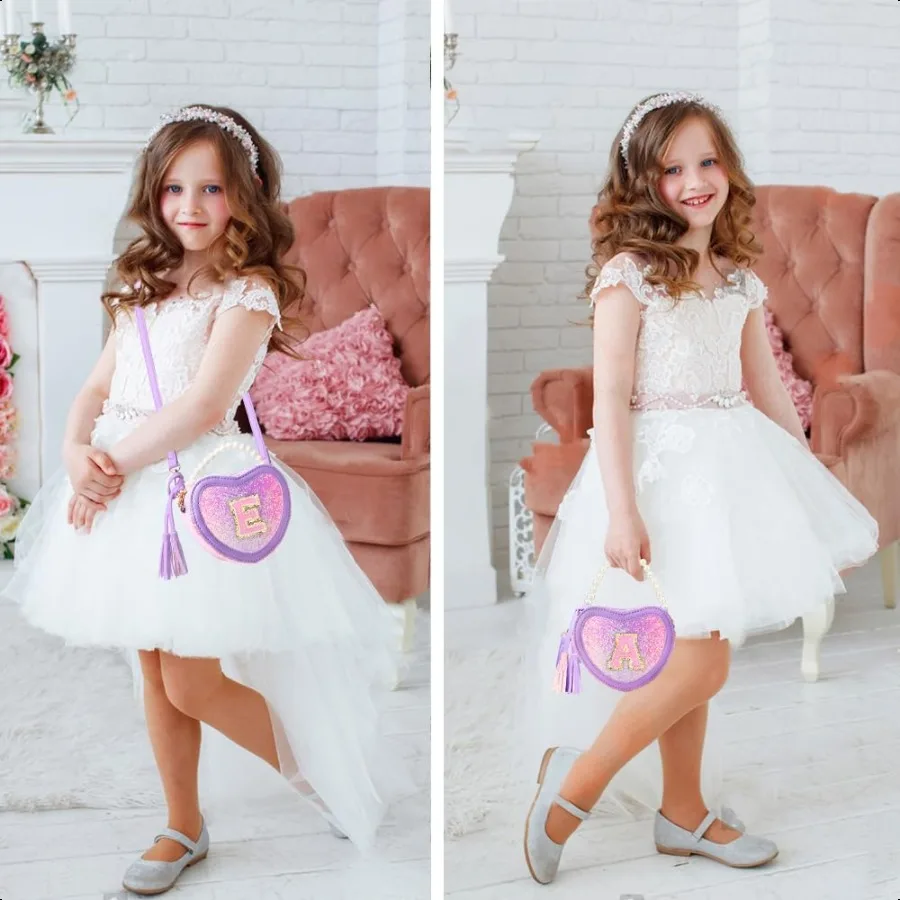 Фиолетовый блестящий кошелек для монет в форме сердца для девочек, сумка через плечо для малышей