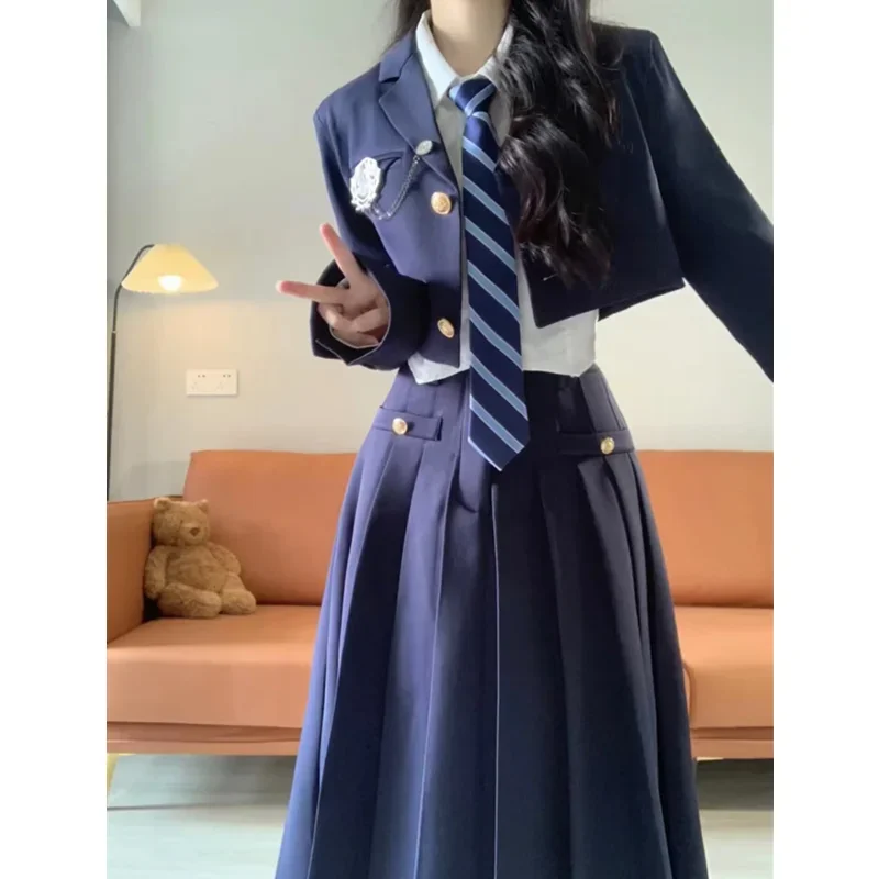 Camisa blanca y azul de estilo coreano, abrigo corto, Falda plisada ajustada, traje Jk, uniforme de colegiala de moda de otoño para mujer, uniforme de marinero