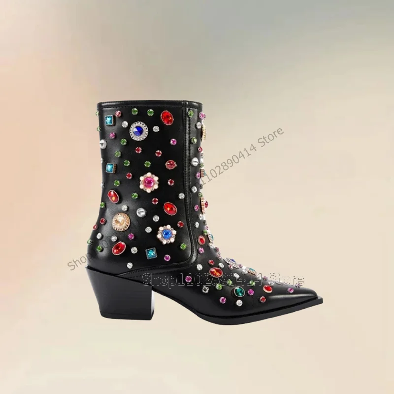 Colorful Jewel Crystal Decor Pointed Toe Boots Side Zipper Women Shoes Chunky High Heels Fashion Party 2024 Zapatos Para Mujere