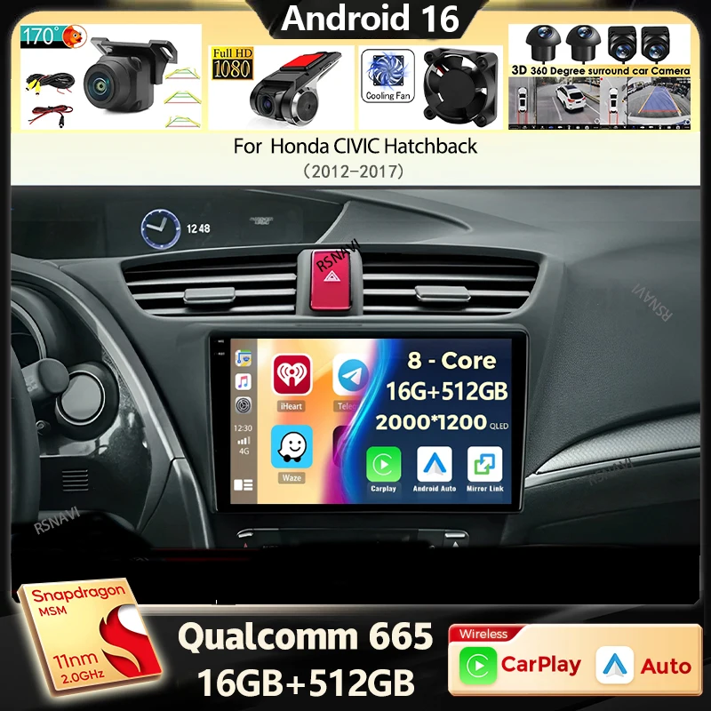 Android 16 Carplay Car Radio For Honda CIVIC Hatchback 2012 2013 2014 2015 2016 2017 Multimedia Player Navigation GPS Stereo