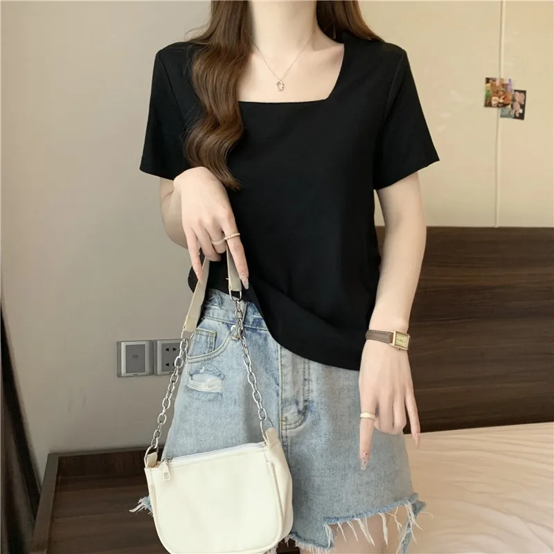 White Square Collar Short Sleeve T-Shirt Women's Summer Slimming Korean Style Pure Desire Spicy Short Length Top