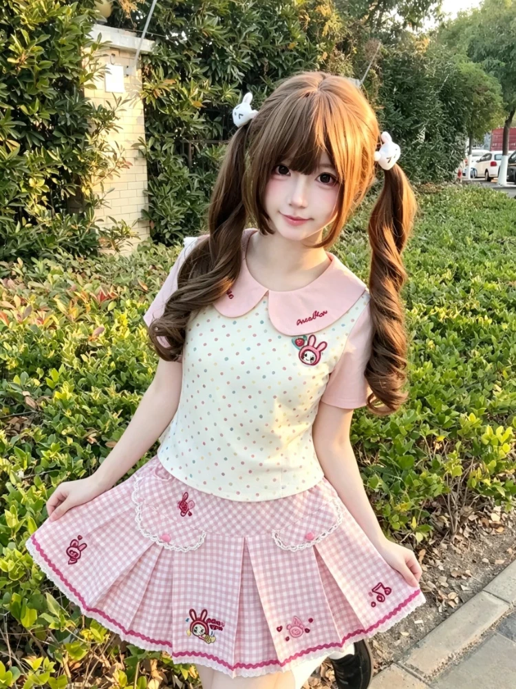Women Japanese 2 Piece Sets Kawaii Lolita Sweet Bow Cat Print T shirt Cute Cake Mini Skirt New Y2k Harajuku Fashion Outfit