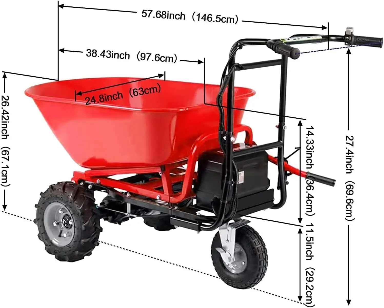 Electric Wheelbarrow, 48V28Ah 500W Capacity 500Lbs (230Kg) Max Capacity Barrel Dump Material Debris Hauler(Red)