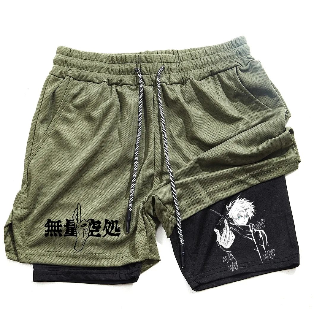 Pantalones cortos de compresión de Anime para hombre, ropa deportiva de verano, 2 en 1, entrenamiento, Fitness