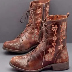 Woman Ankle Boots Embroidery Big Size 43 Flower Boots 2020 Women Autumn Winter Lace Up PU Leather Female Footwear Ladies Shoes