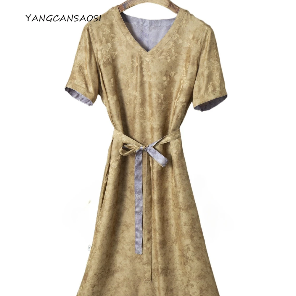

Double Sided Floral Plant and Grass Dyed Short Sleeved 100% Natural Mulberry Silk Jacquard Women's Fashionable A-line Dress