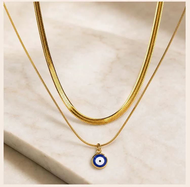 Evil Eye Mehrlagige Halskette, 18K IP Vergoldeter Edelstahl, Emaille-Anhänger, Hypoallergene Fischgrätenkette – Detail 3