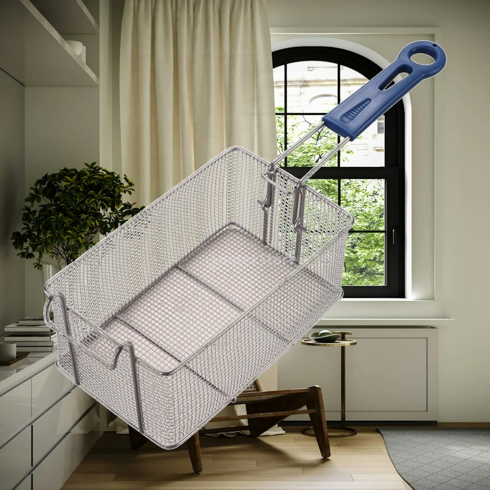 Deep Fry Basket Nonnon-Magnetic Rectangular Fryer Basket with Handle Mesh Food Strainer with Support Grip Safe Multi Purpose