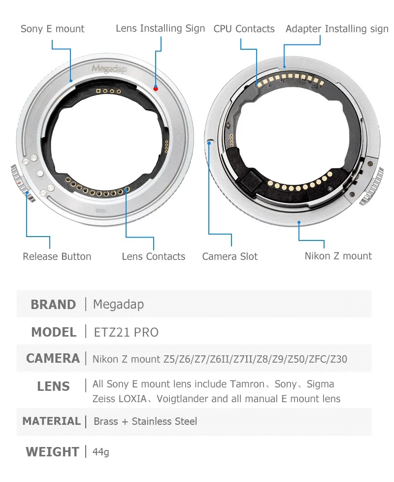 MEGADAP ETZ21 Pro Auto Focus Adapter Sony E Tamron Sigma lens to Nikon Z zf Z6II Z5 zfc Z8 Z9 Z8 Z7 Z7II Z7 Z6II Z5 Z50 Z30 zfc