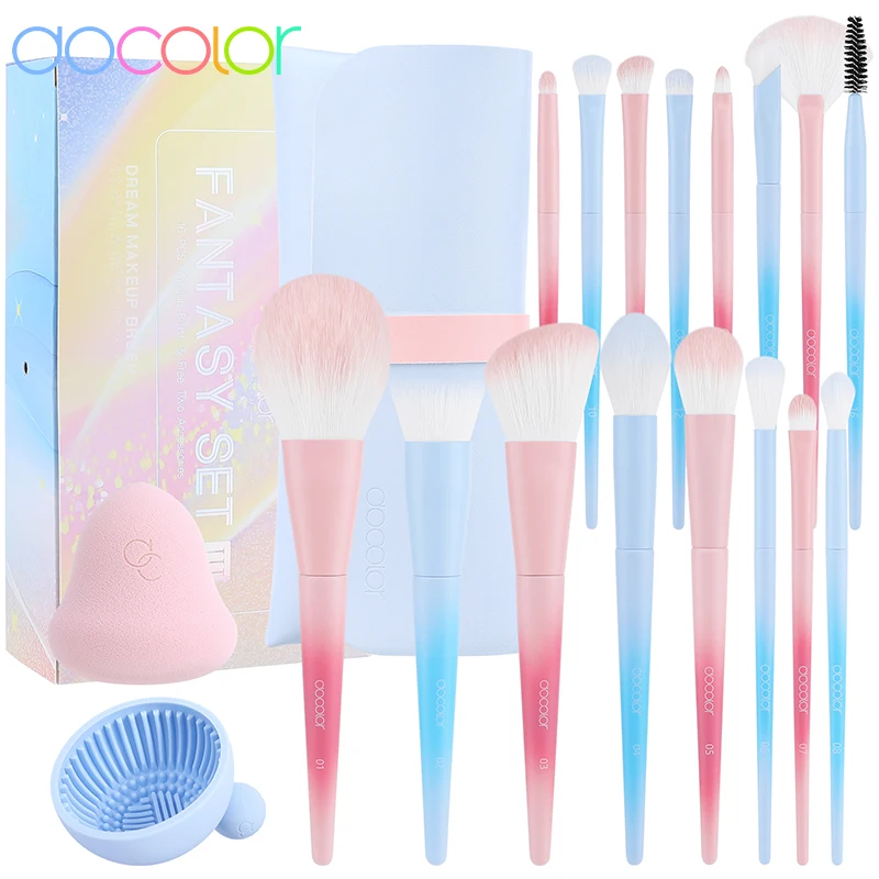 Docolor FANTASY Ⅲ 16Pcs Makeup Brushes with Makeup Bag Makeup Sponge Brush Cleaning Pad Powder Foundation EyeShadow Concealers