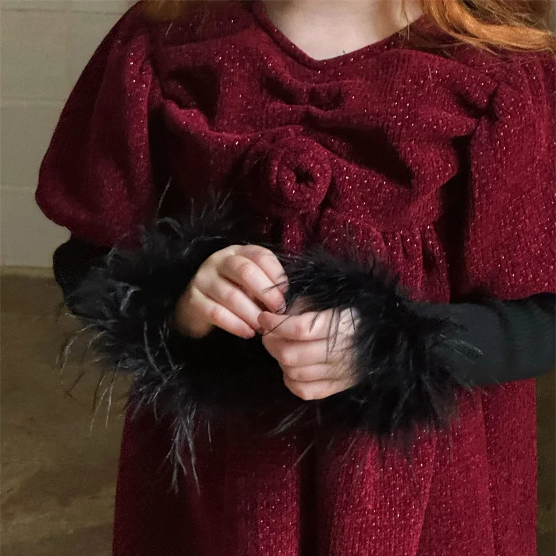 Childrens Undershirt Autumn and Winter New Korean Fashion Girls Retro Ostrich Fur Sleeve Sweater Undershirt Kids Clothes